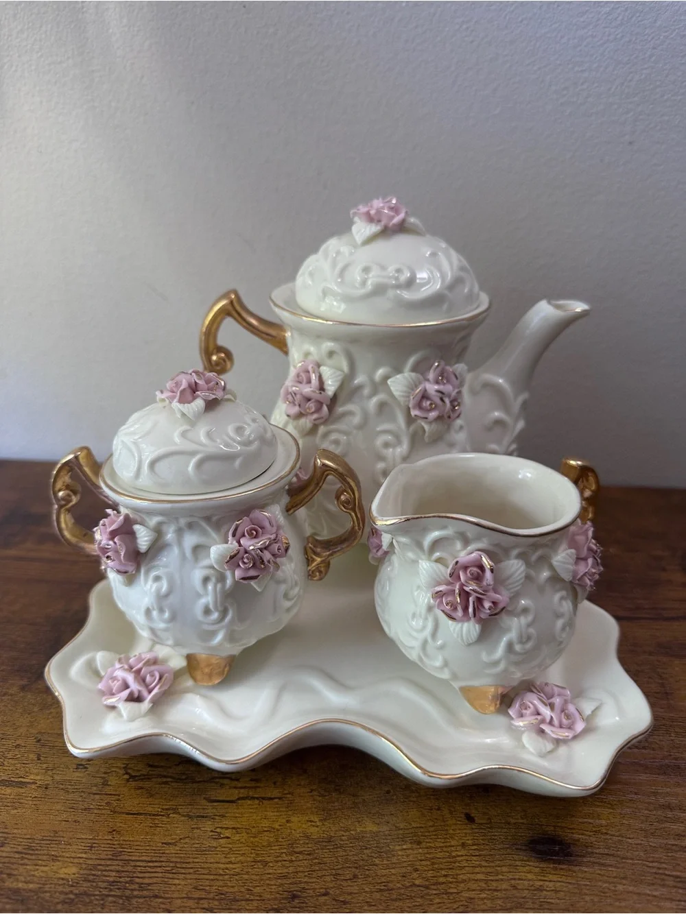 Vintage Cracker Barrel Ivory Porcelain 6 Pc Tea Set Raised Pink Roses Gold Trim